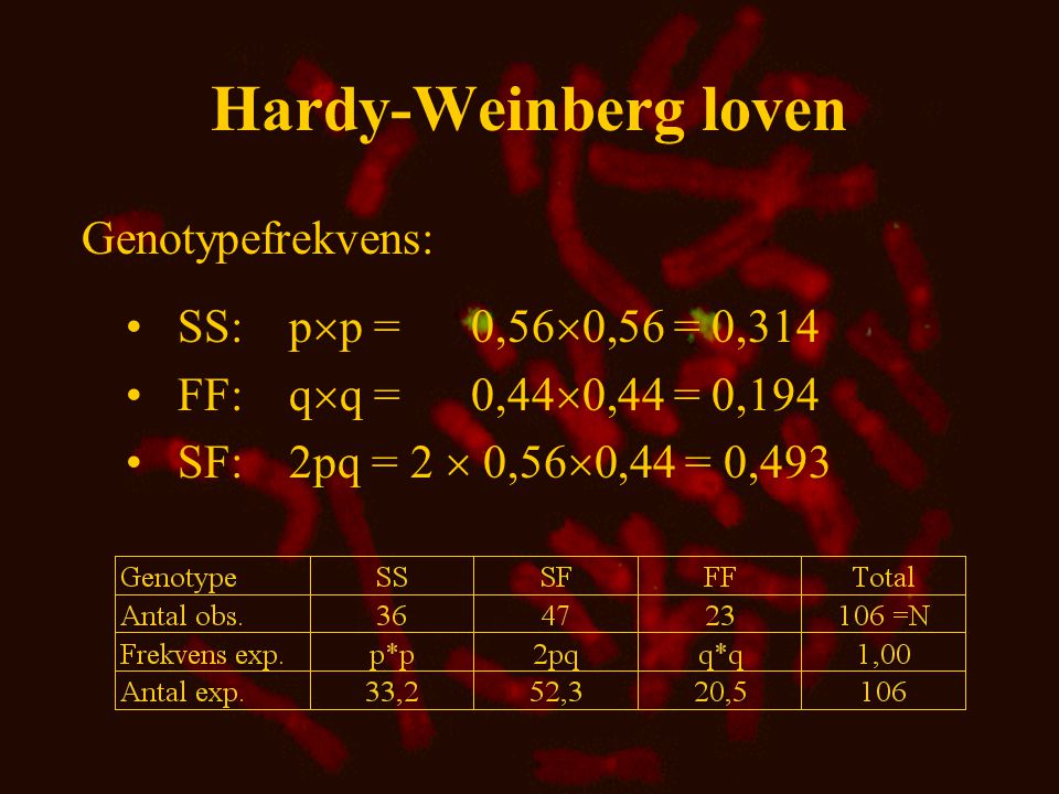 Hardy-Weinberg loven Genotypefrekvens: SS: pp = 0,560,56 = 0,314