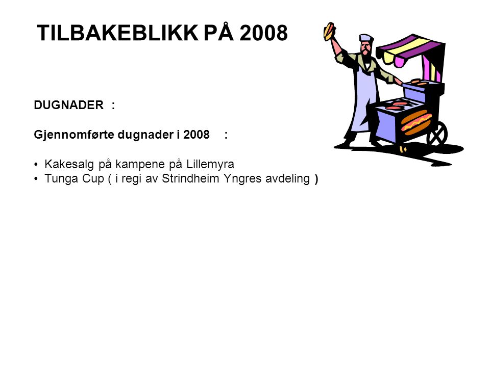 TILBAKEBLIKK PÅ 2008 DUGNADER : Gjennomførte dugnader i 2008 :