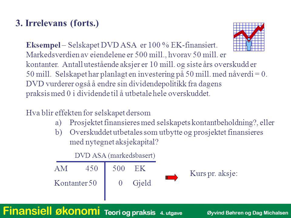 3. Irrelevans (forts.) Eksempel – Selskapet DVD ASA er 100 % EK-finansiert. Markedsverdien av eiendelene er 500 mill., hvorav 50 mill. er.