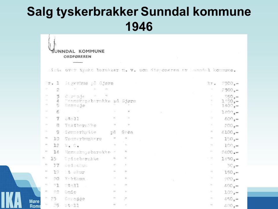 Salg tyskerbrakker Sunndal kommune 1946