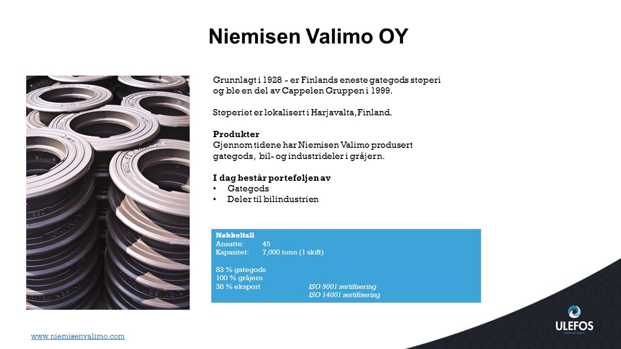 Niemisen Valimo OY Grunnlagt i er Finlands eneste gategods støperi og ble en del av Cappelen Gruppen i