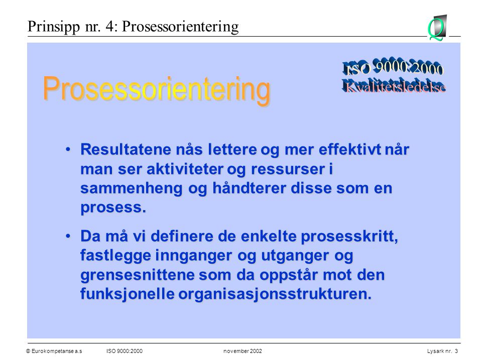 Prosessorientering Prinsipp nr. 4: Prosessorientering ISO 9000:2000