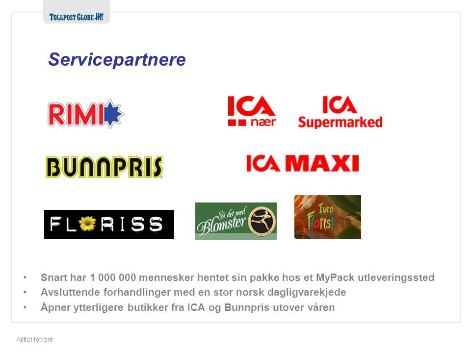Servicepartnere Ica Maxi = 20. Rimi = Ica Supermarked = Ica Nær = Snart har mennesker hentet sin pakke hos et MyPack utleveringssted.