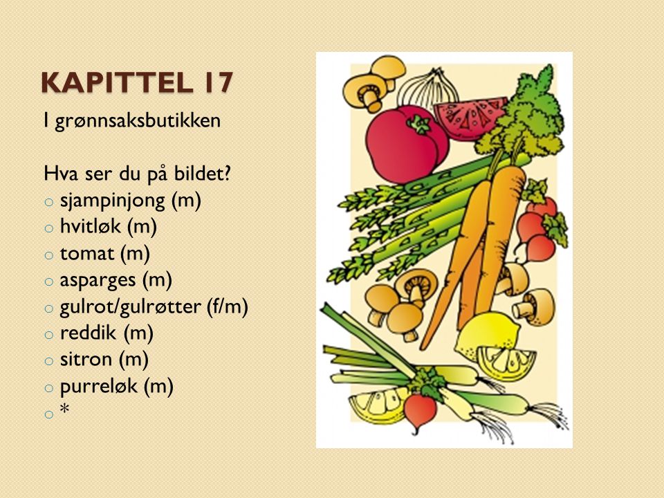 Kapittel 17 I grønnsaksbutikken Hva ser du på bildet sjampinjong (m)