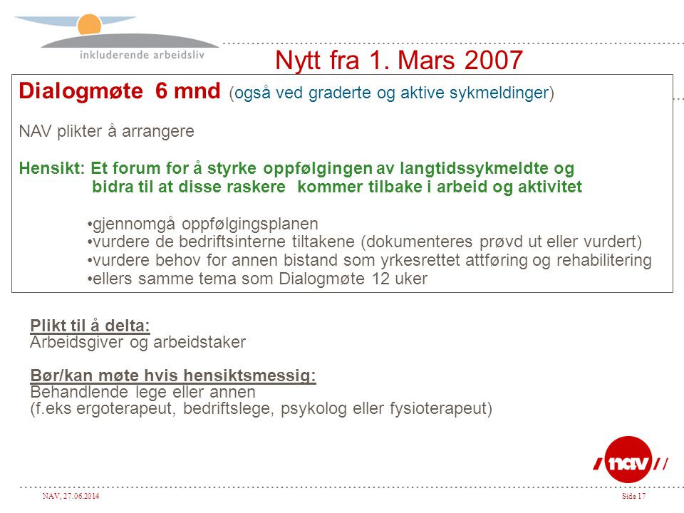 Nytt fra 1. Mars 2007 Dialogmøte 6 mnd (også ved graderte og aktive sykmeldinger) NAV plikter å arrangere.
