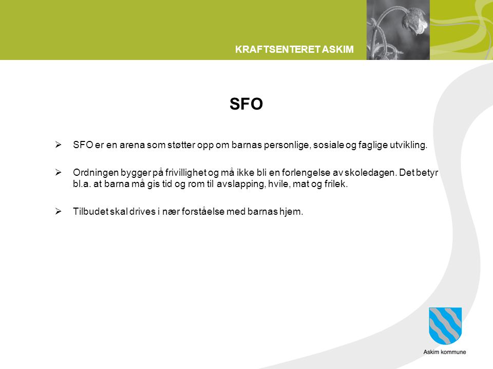 SFO SFO er en arena som støtter opp om barnas personlige, sosiale og faglige utvikling.