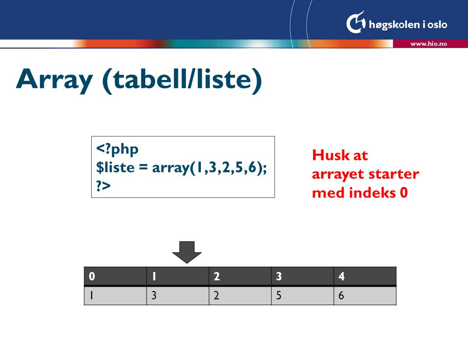 Array (tabell/liste) < php Husk at arrayet starter med indeks 0