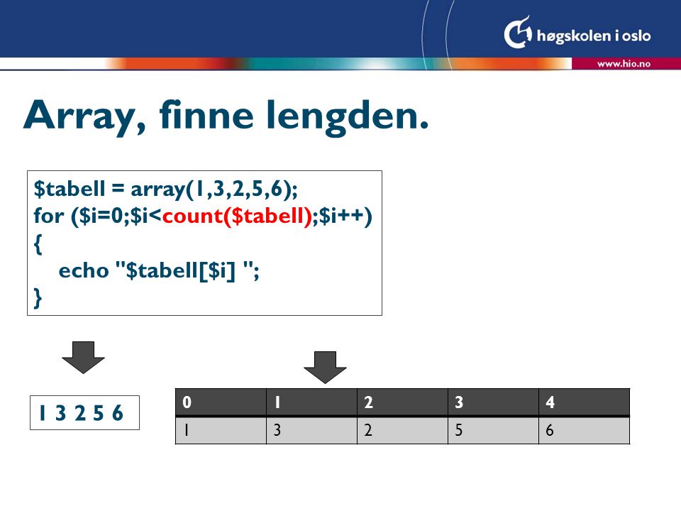 Array, finne lengden. $tabell = array(1,3,2,5,6);