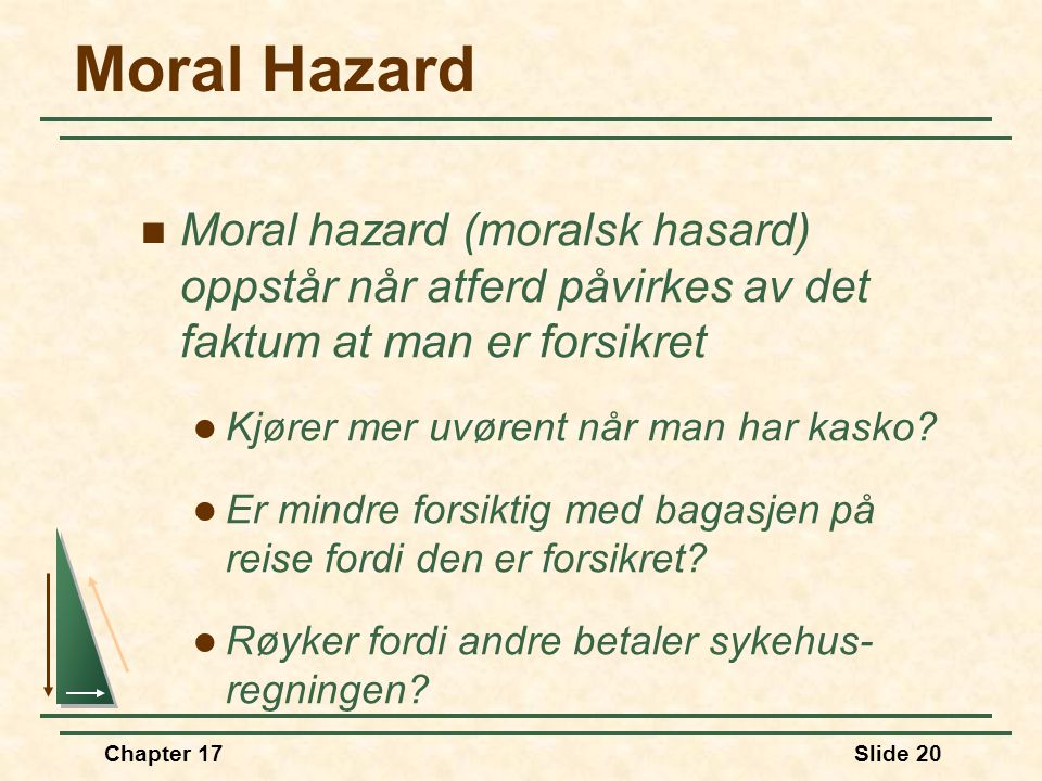 Moral Hazard Moral hazard (moralsk hasard) oppstår når atferd påvirkes av det faktum at man er forsikret.
