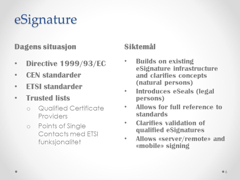 eSignature Dagens situasjon Siktemål Directive 1999/93/EC