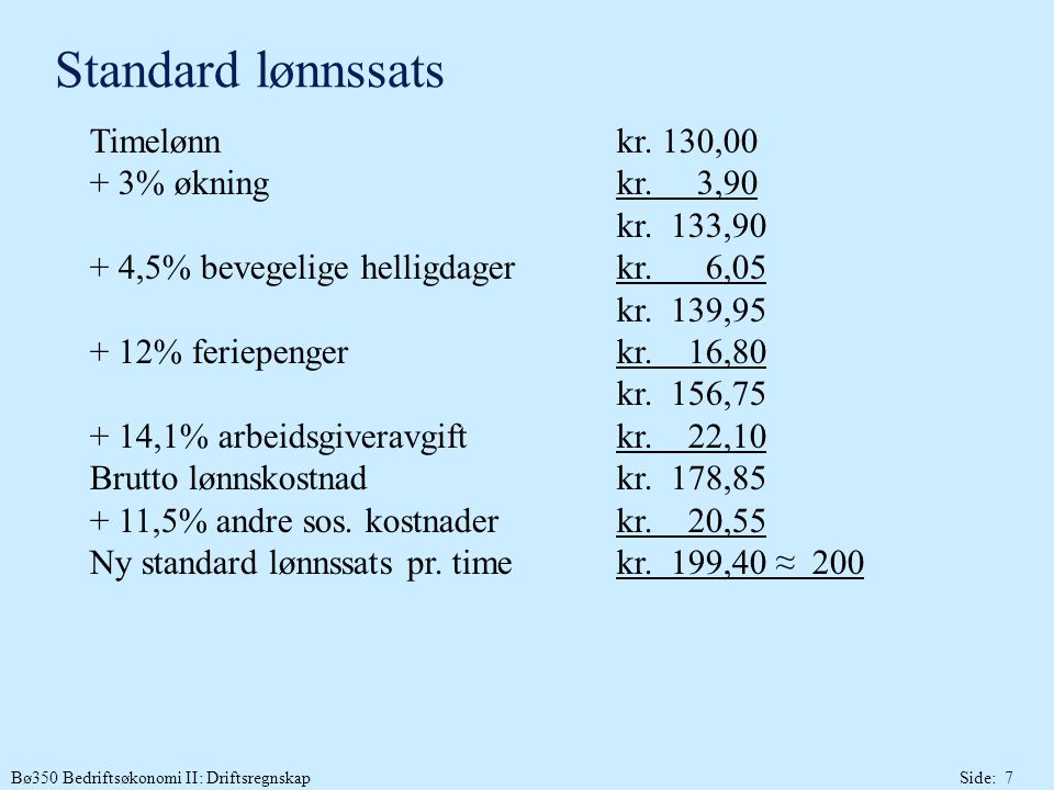 Standard lønnssats Timelønn kr. 130,00 + 3% økning kr. 3,90 kr. 133,90