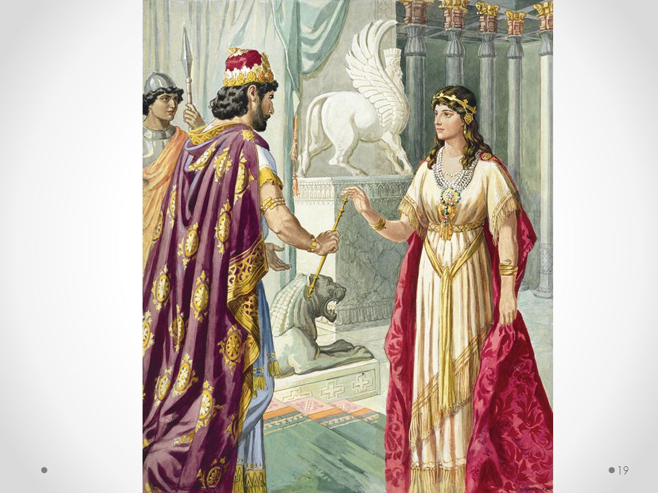 Dermed går Ester inn til kongen, og i løpet av noen dager blir det klart for ham hva slags konspirasjon som er lagt opp mot folket hennes, og som til og med har brakt hans utvalgte dronning i alvorlig fare.