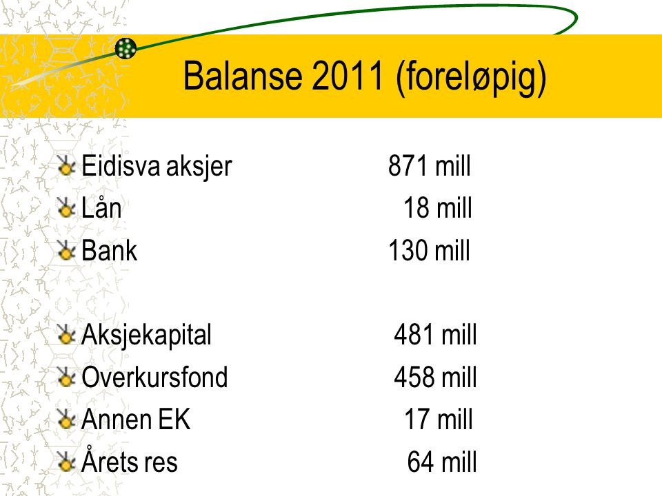 Balanse 2011 (foreløpig) Eidisva aksjer 871 mill Lån 18 mill