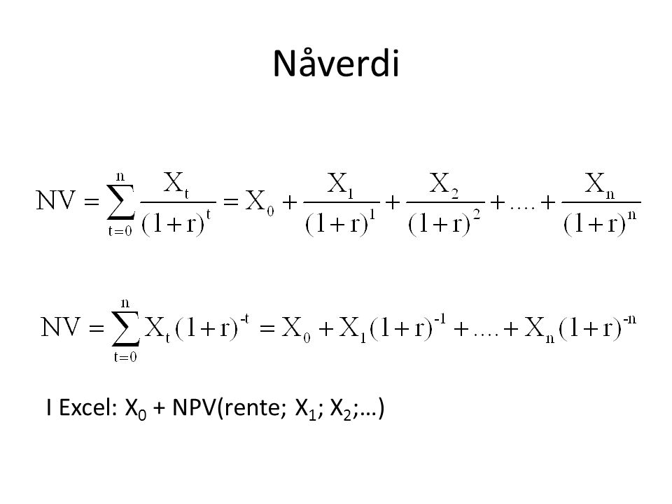 Nåverdi I Excel: X0 + NPV(rente; X1; X2;…)