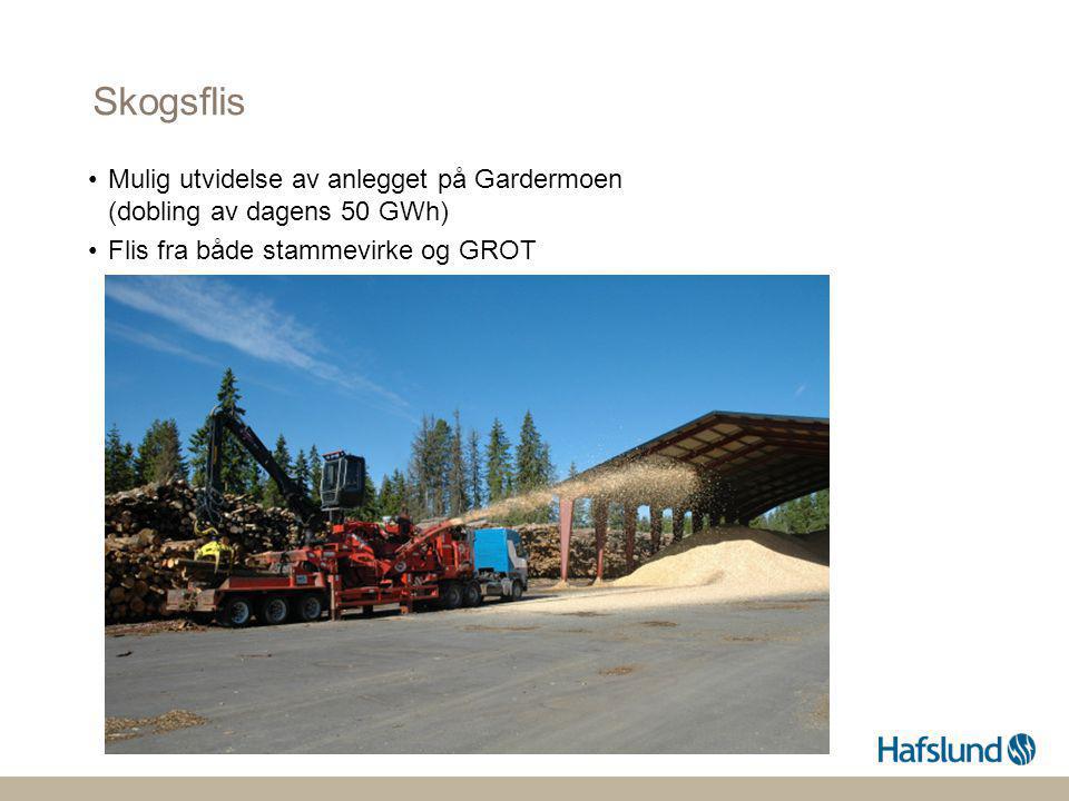 Skogsflis Mulig utvidelse av anlegget på Gardermoen (dobling av dagens 50 GWh) Flis fra både stammevirke og GROT.