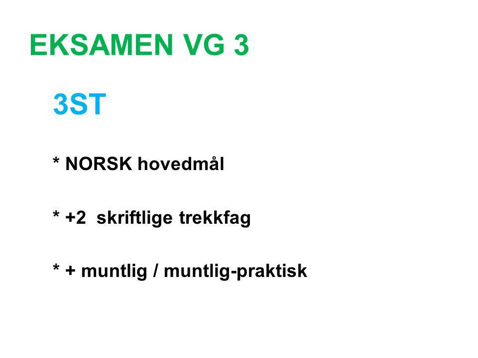 EKSAMEN VG 3 3ST * NORSK hovedmål * +2 skriftlige trekkfag