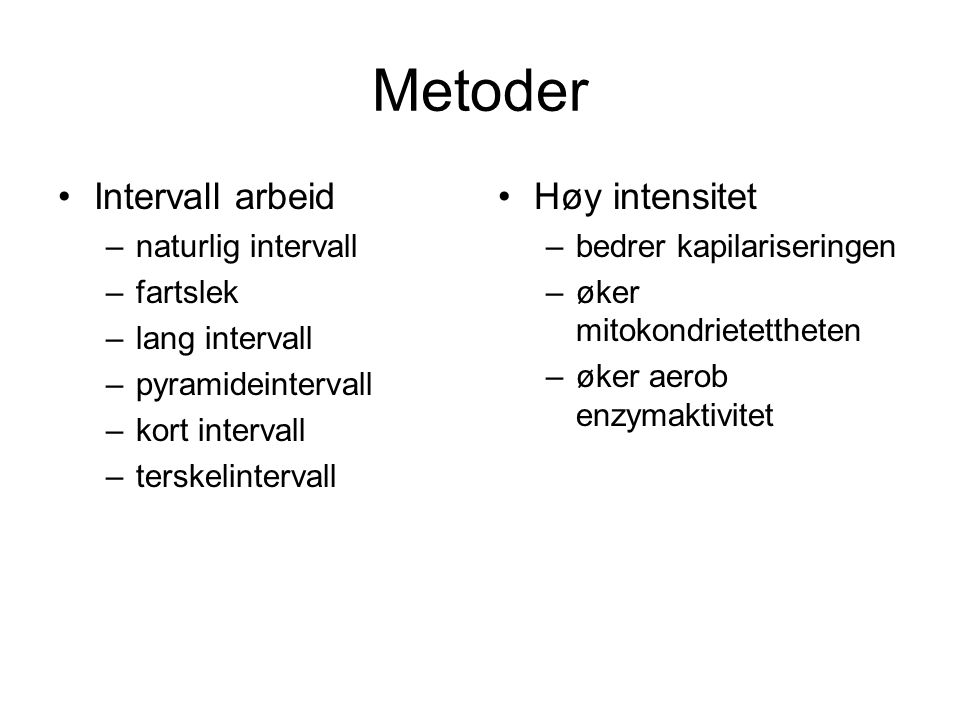 Metoder Intervall arbeid Høy intensitet naturlig intervall fartslek