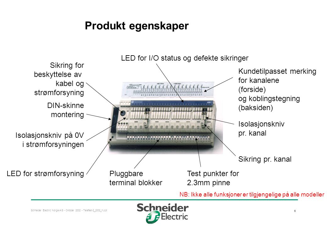 Produkt egenskaper LED for I/O status og defekte sikringer Sikring for