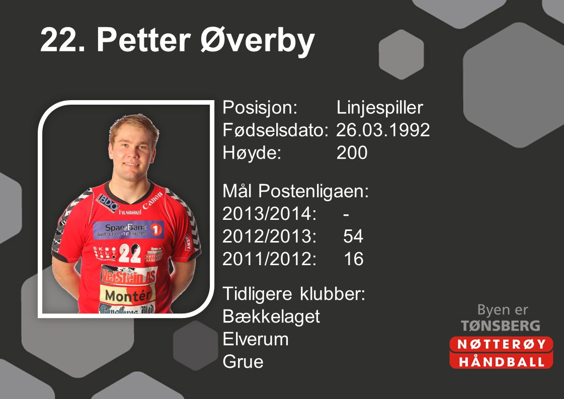 22. Petter Øverby Posisjon: Linjespiller Fødselsdato: Høyde: 200 Mål Postenligaen: 2013/2014: /2013: /2012: 16