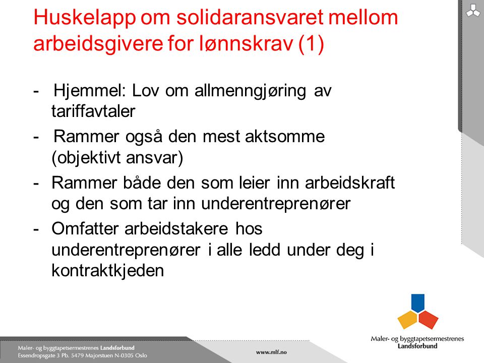 Huskelapp om solidaransvaret mellom arbeidsgivere for lønnskrav (1)