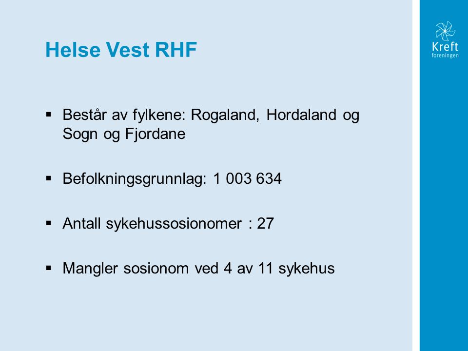 Helse Vest RHF Består av fylkene: Rogaland, Hordaland og Sogn og Fjordane. Befolkningsgrunnlag:
