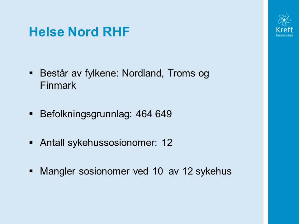 Helse Nord RHF Består av fylkene: Nordland, Troms og Finmark