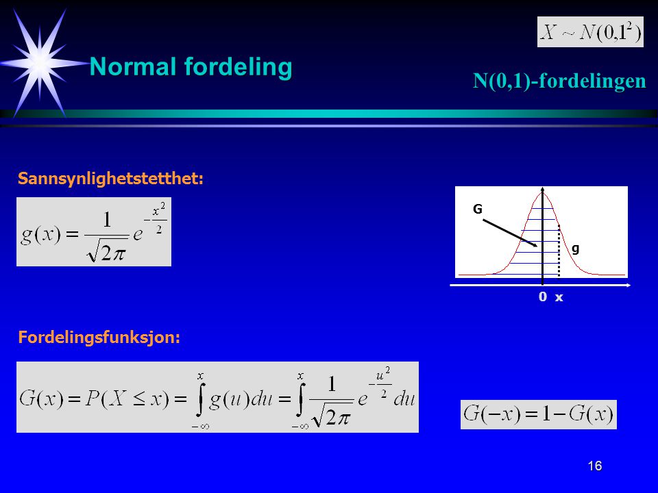 Normal fordeling N(0,1)-fordelingen Sannsynlighetstetthet: