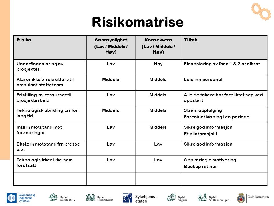 Risikomatrise Risiko Sannsynlighet (Lav / Middels / Høy) Konsekvens
