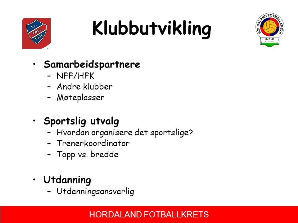 Klubbutvikling Samarbeidspartnere Sportslig utvalg Utdanning NFF/HFK