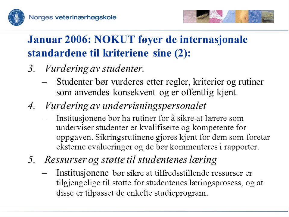Januar 2006: NOKUT føyer de internasjonale standardene til kriteriene sine (2):