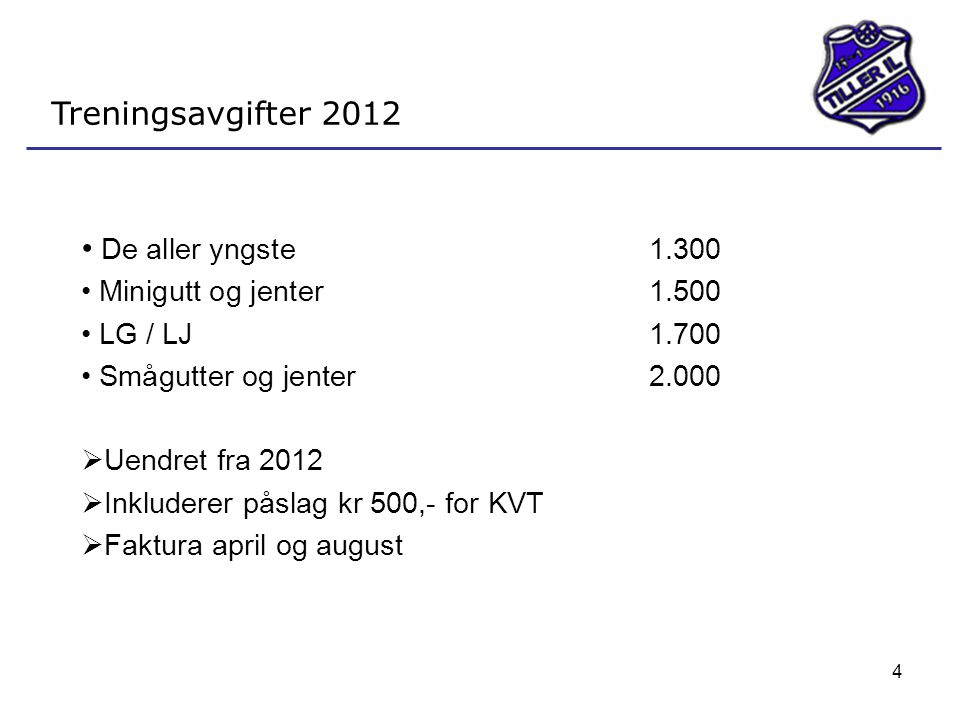Treningsavgifter 2012 De aller yngste Minigutt og jenter 1.500