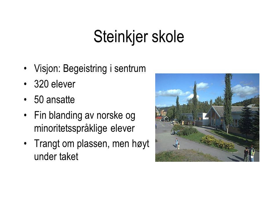 Steinkjer skole Visjon: Begeistring i sentrum 320 elever 50 ansatte