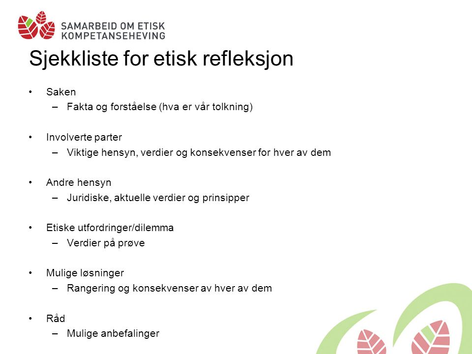 Sjekkliste for etisk refleksjon