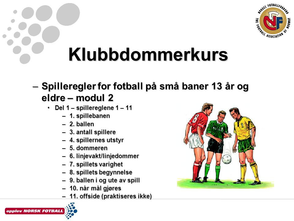 Klubbdommerkurs Spilleregler for fotball på små baner 13 år og eldre – modul 2. Del 1 – spillereglene 1 – 11.