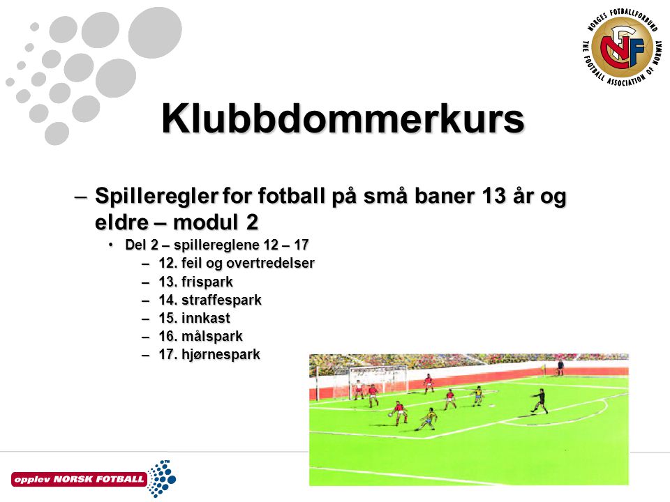 Klubbdommerkurs Spilleregler for fotball på små baner 13 år og eldre – modul 2. Del 2 – spillereglene 12 – 17.