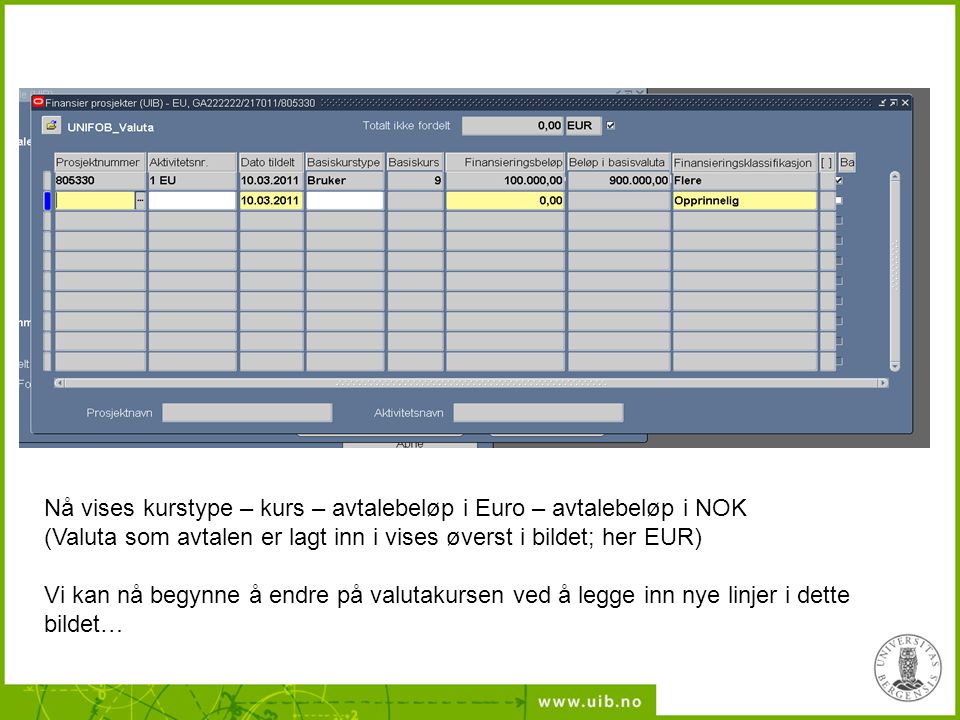 Nå vises kurstype – kurs – avtalebeløp i Euro – avtalebeløp i NOK (Valuta som avtalen er lagt inn i vises øverst i bildet; her EUR)