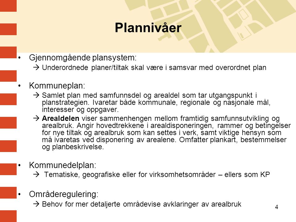 Plannivåer Gjennomgående plansystem: Kommuneplan: Kommunedelplan: