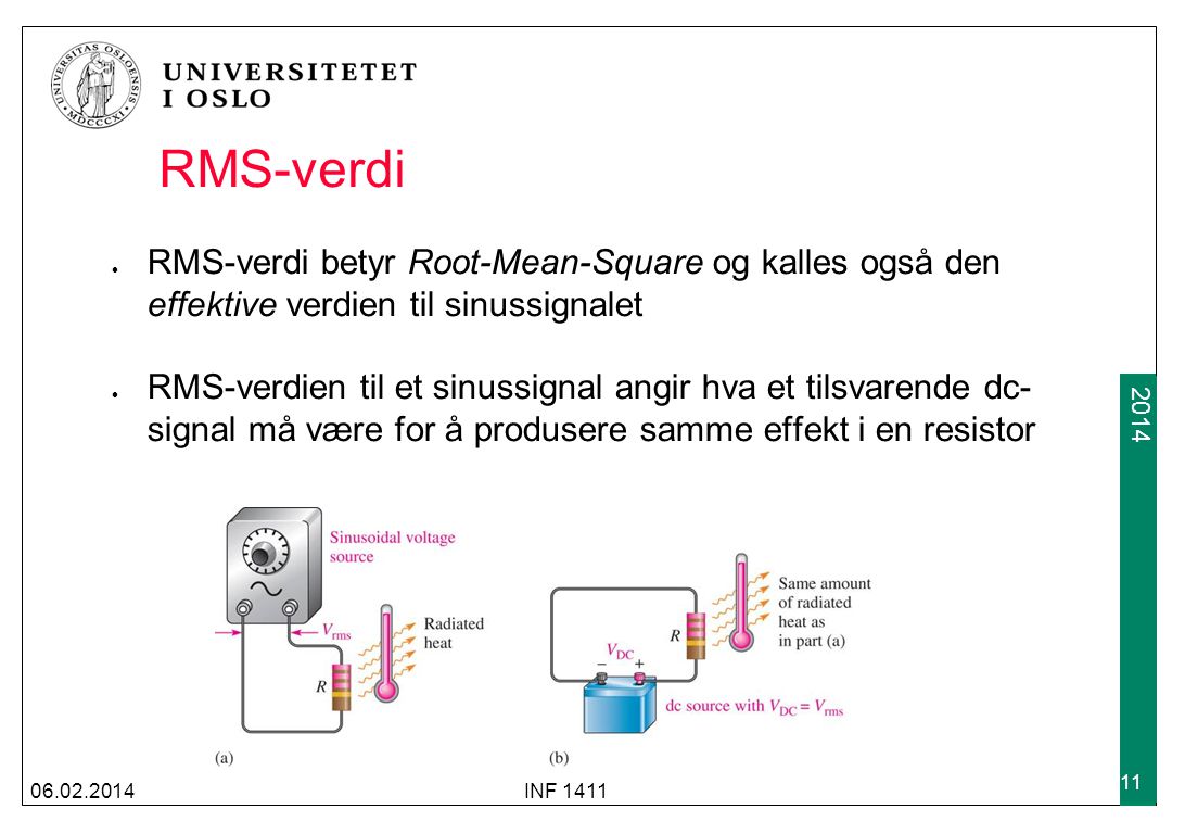 RMS-verdi RMS-verdi betyr Root-Mean-Square og kalles også den effektive verdien til sinussignalet.