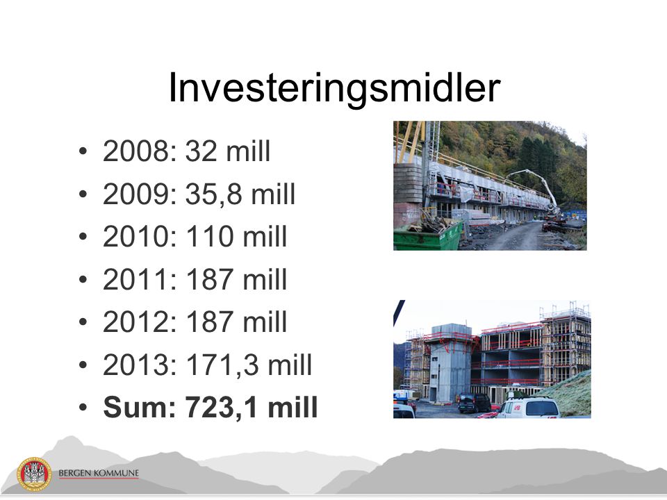 Investeringsmidler 2008: 32 mill 2009: 35,8 mill 2010: 110 mill