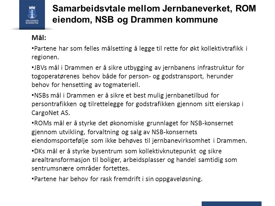 Samarbeidsvtale mellom Jernbaneverket, ROM eiendom, NSB og Drammen kommune