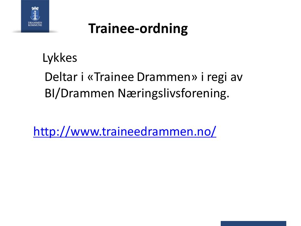 Trainee-ordning Lykkes Deltar i «Trainee Drammen» i regi av BI/Drammen Næringslivsforening.