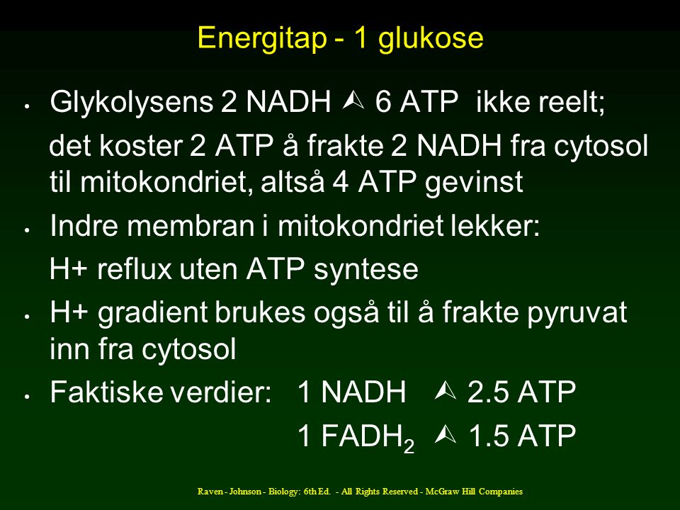 Glykolysens 2 NADH  6 ATP ikke reelt;