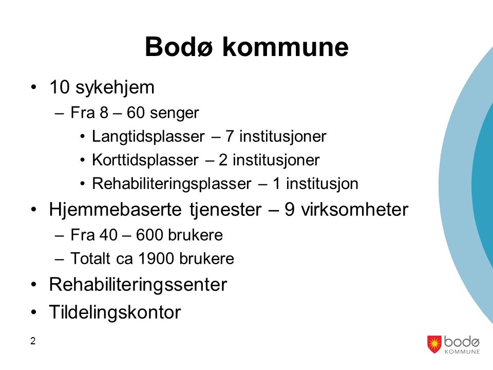 Bodø kommune 10 sykehjem Hjemmebaserte tjenester – 9 virksomheter