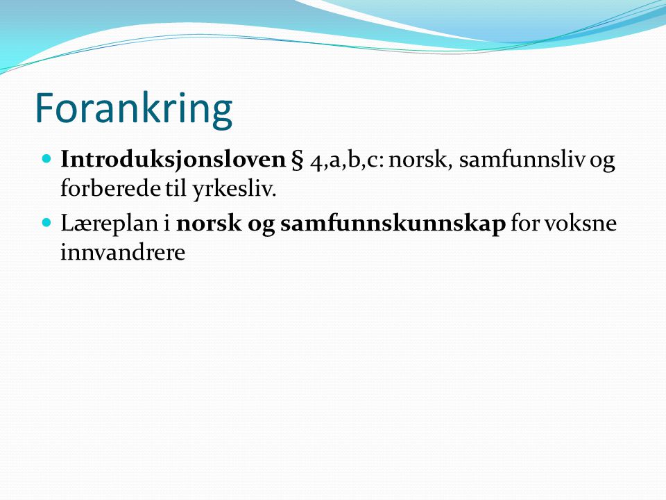 Forankring Introduksjonsloven § 4,a,b,c: norsk, samfunnsliv og forberede til yrkesliv.