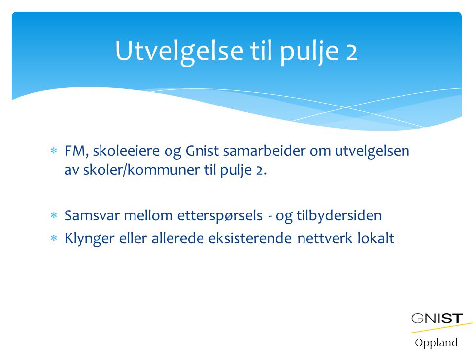Utvelgelse til pulje 2 FM, skoleeiere og Gnist samarbeider om utvelgelsen av skoler/kommuner til pulje 2.