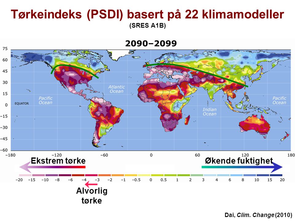 Tørkeindeks (PSDI) basert på 22 klimamodeller (SRES A1B)
