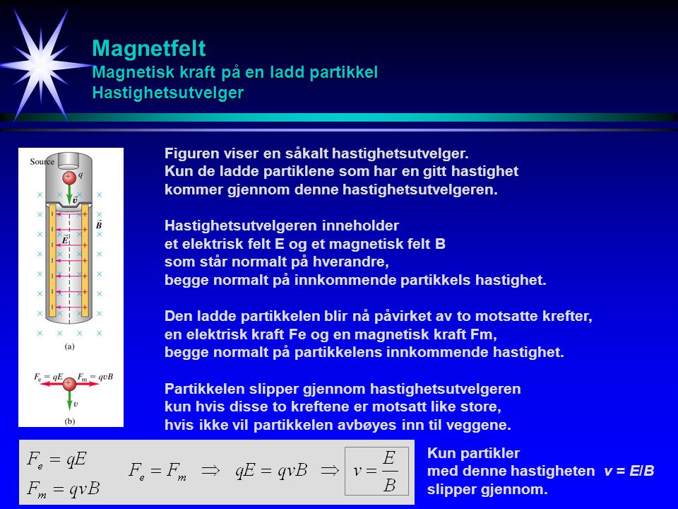 Magnetfelt Magnetisk kraft på en ladd partikkel Hastighetsutvelger