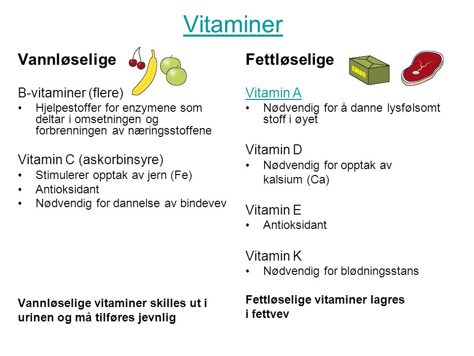 Vitaminer Vannløselige Fettløselige B-vitaminer (flere)