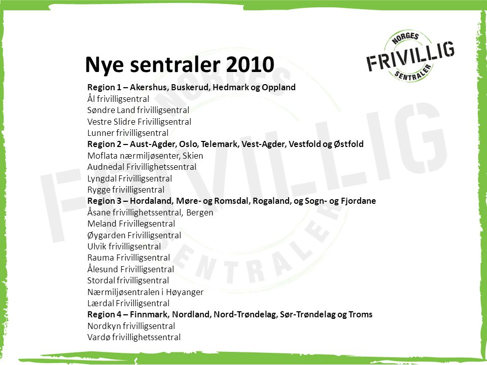 Nye sentraler 2010 Region 1 – Akershus, Buskerud, Hedmark og Oppland