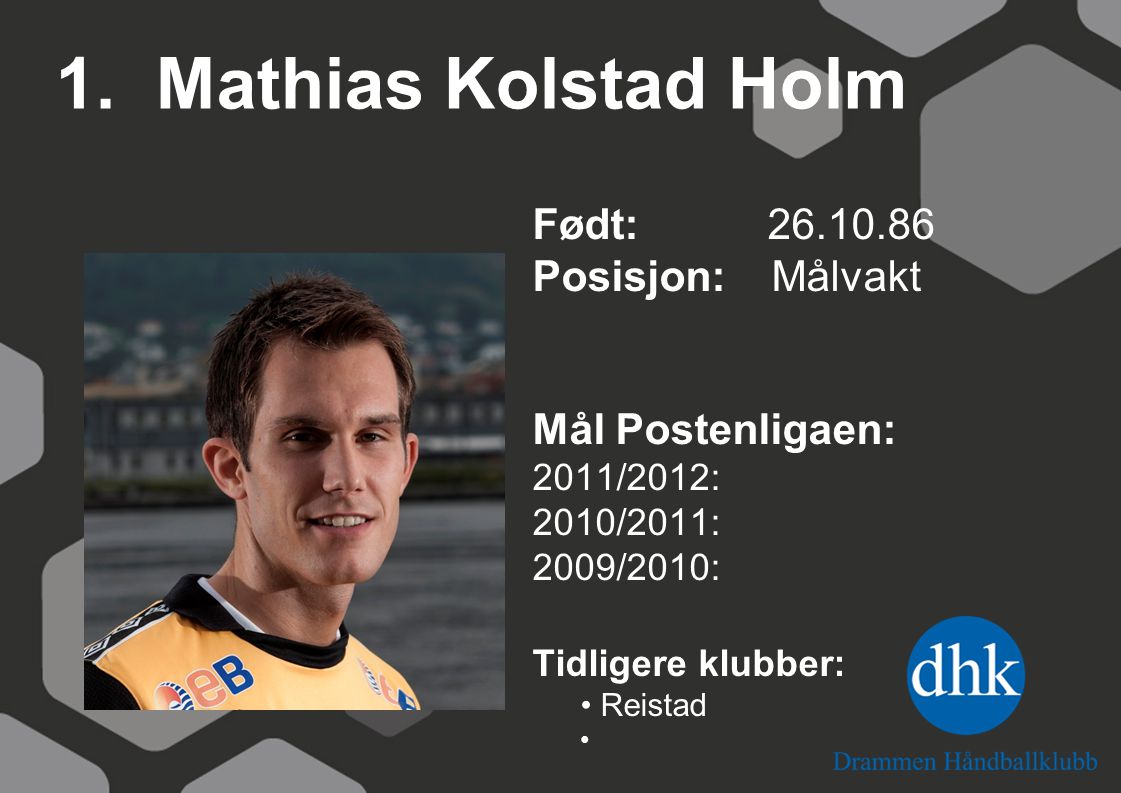 1. Mathias Kolstad Holm Født: Posisjon: Målvakt